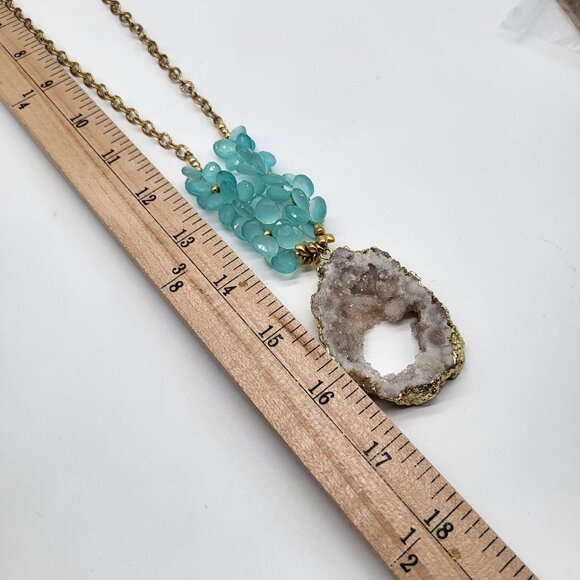 Laura J Finery Gold Plated Brass Necklace Druzy Geode Pendant Teal Gemstones - Picture 5 of 12